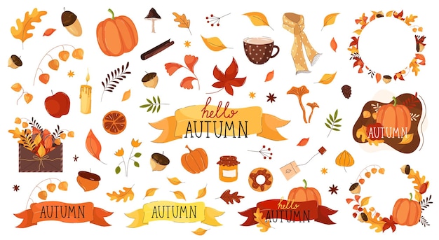 Autumn halloween elements set collection stickers and badges designs