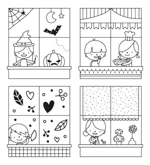 Autumn and Halloween windows with kids vector illustration