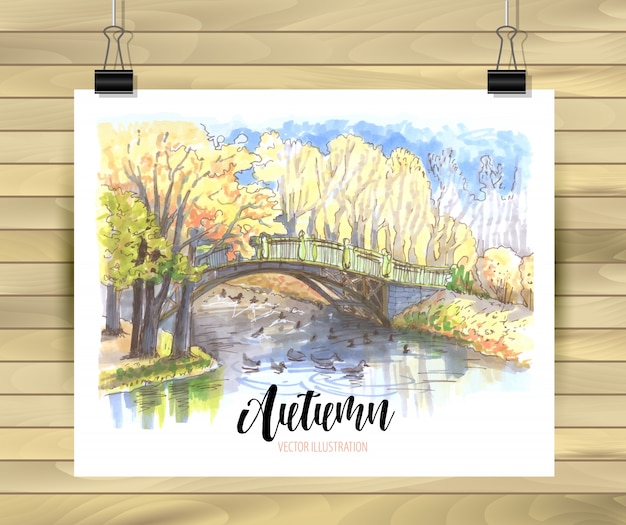 Vector autumn hand drawn landscape in park