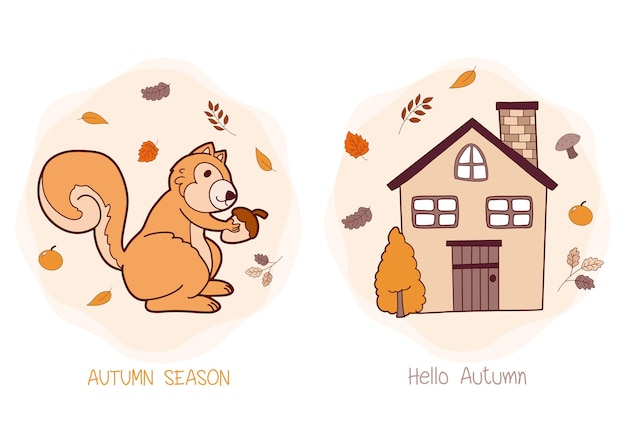 Autumn hand drawn with Autumn Cottage and Squirrel on Cozy Background vector