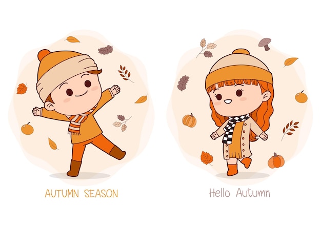 Autumn hand drawn with girl and boy happy with autumn leaves vector