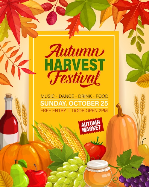 Autumn harvest festival flyer with pumpkins, grapes and honey