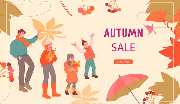 Autumn harvest market or shop sale website page template with family flat vector