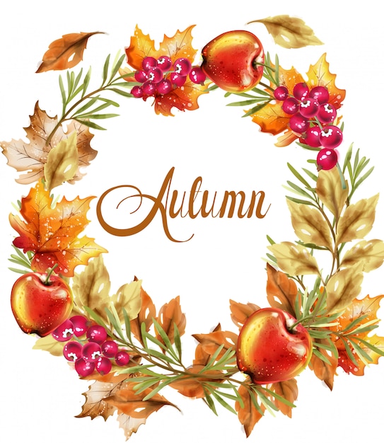 秋の収穫花輪カード。秋のキノコと果物の装飾ポスター
