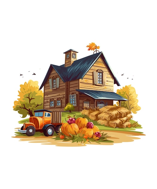 Autumn Harvesting Scene Harvest Farmhouse Scene Autumn Farmhouse Illustration Farmhouse Clipart