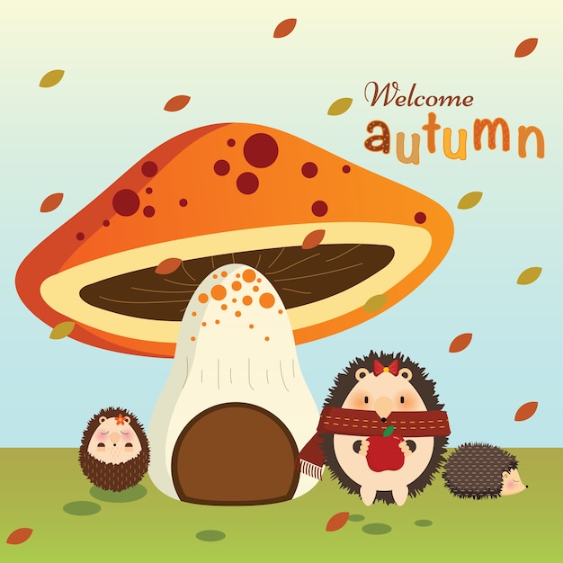 Autumn hedgehog with mushroom house