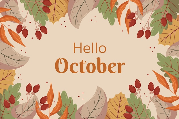 葉と赤いベリーのコピースペースの秋のHello October背景デザイン