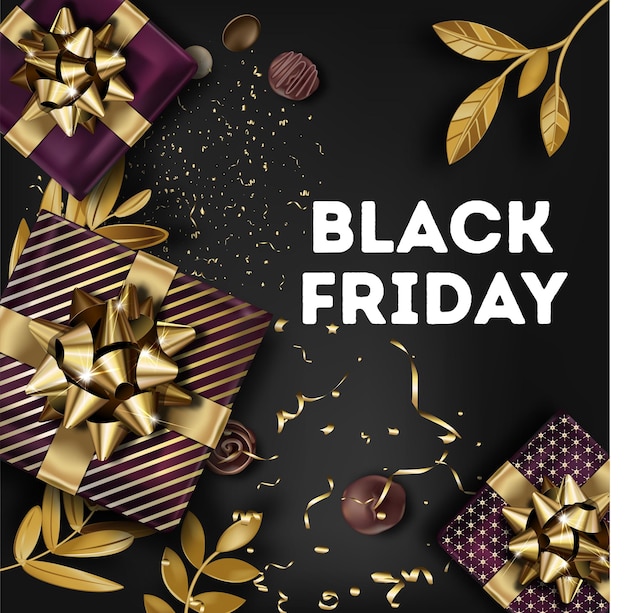 Autumn holiday banner, black friday fall event. decorative card with presents and boxes decorated with gold ribbons. ornaments and leafage. marketing and advertising for shops. vector in flat style