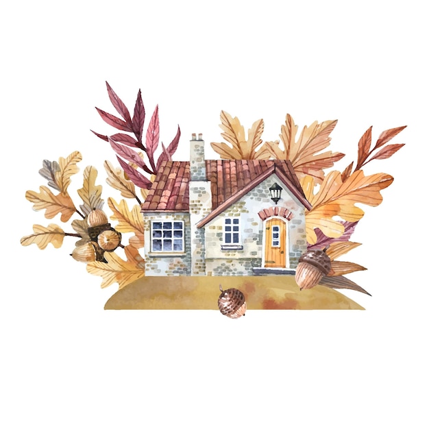 Autumn house in the garden of yellow and scarlet leaves watercolor illustration