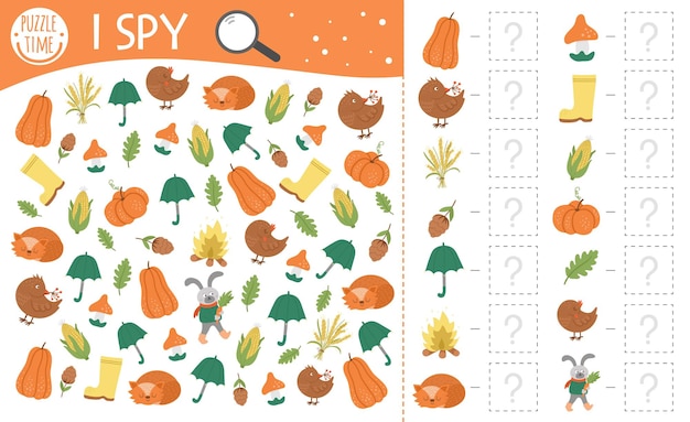 Vector autumn i spy game for kids. searching and counting activity for preschool children with cute fall season objects. funny printable worksheet for kids. simple thanksgiving spotting puzzle.