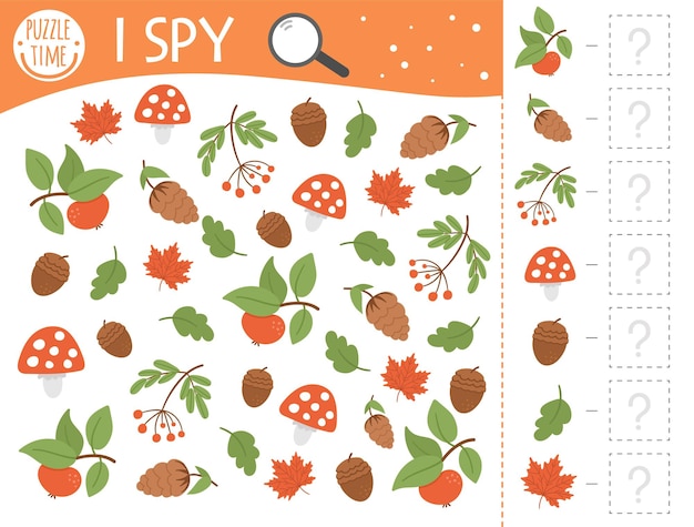 Autumn I spy game for kids. Searching and counting activity for preschool children with cute fall season plants. Funny printable worksheet for kids. Simple thanksgiving spotting puzzle.