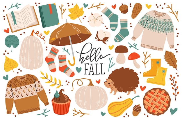 Autumn icons set vector illustration leaves, pumpkins, sweater, cute animals, socks, floral wreath