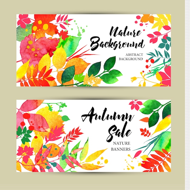 Autumn illustration banners. Bright season background about fall with watercolor leaves.