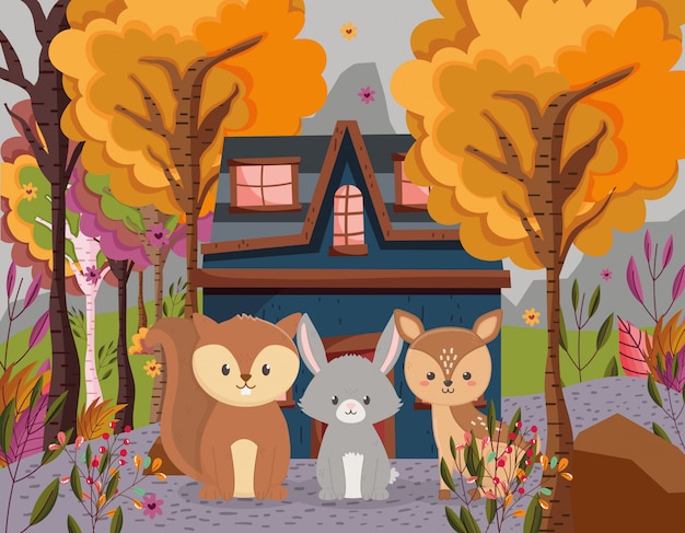 Vector autumn illustration of cute deer rabbit and squirrel cottage forest