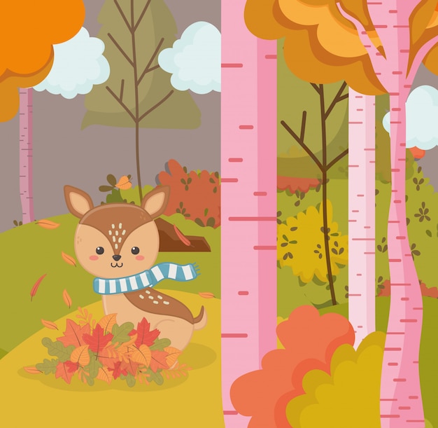 Vector autumn illustration of cute deer with scarf animal