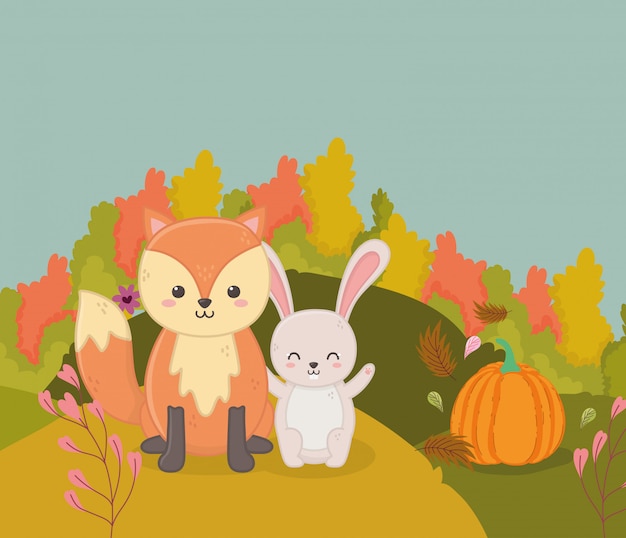 Autumn illustration of cute fox and rabbit pumpkin bushes leaves