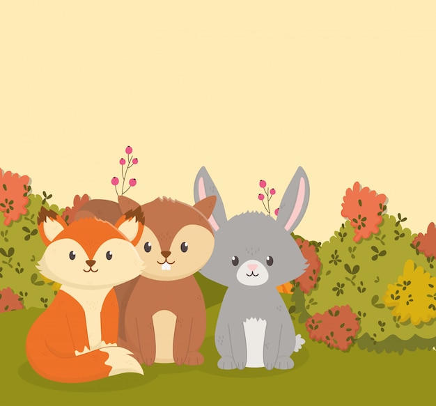 Vector autumn illustration of cute fox rabbit and squirrel leaves