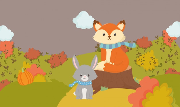 Autumn illustration of cute fox and rabbit with scarf animal