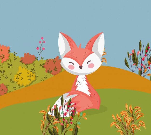 autumn illustration of cute fox sitting in the field foliage