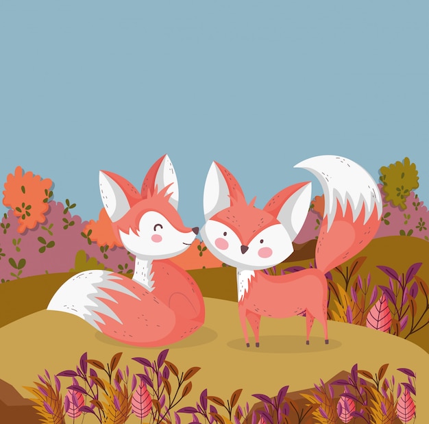 Vector autumn illustration of cute foxes in the field