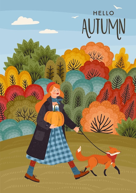 Autumn illustration Cute girl with a fox Vector design for card poster flyer web and other