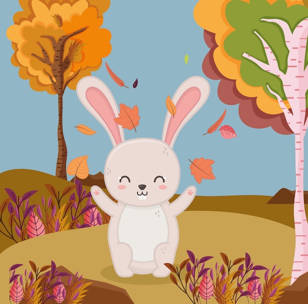 autumn illustration of falling leaves rabbit forest tree foliage 