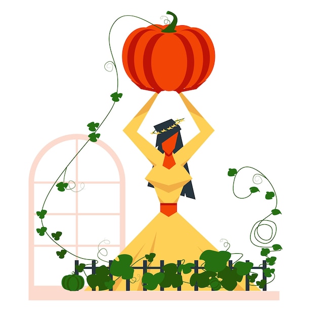 autumn illustration girl showing big pumpkin