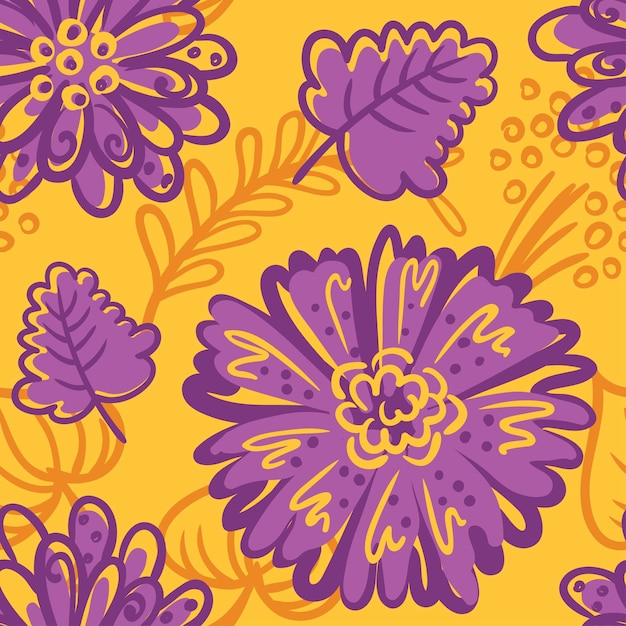 Autumn illustration Hand drawn floral seamless vector pattern Texture with purple fantasy flowers