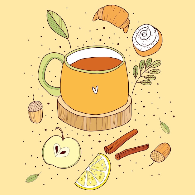 Осенний иллюстрационный набор с напитком в кружке корица лимон яблоко привет осень
