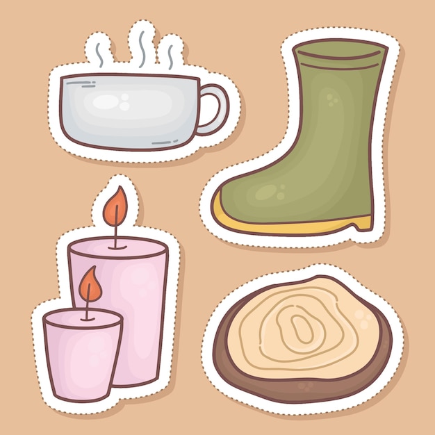 Gli adesivi dell'illustrazione di autunno fissano il legno della candela degli stivali della tazza di tè