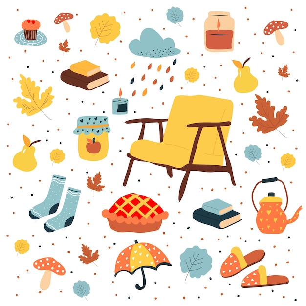 Vector autumn illustration, stickers with homely cute things.