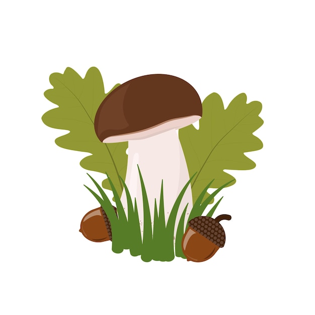 Autumn illustration with boletus mushroom oak leaves and acorns