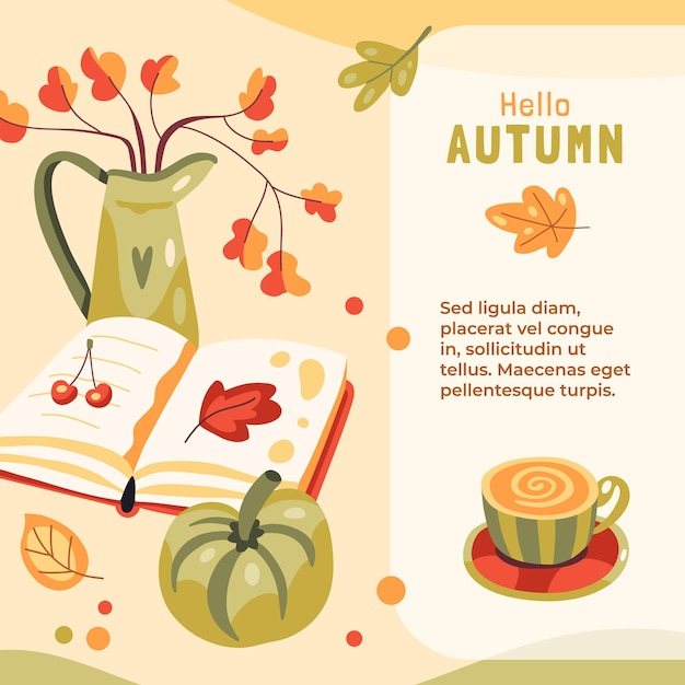 Autumn illustration with a book coffee pumpkin cookies and leaves place for text