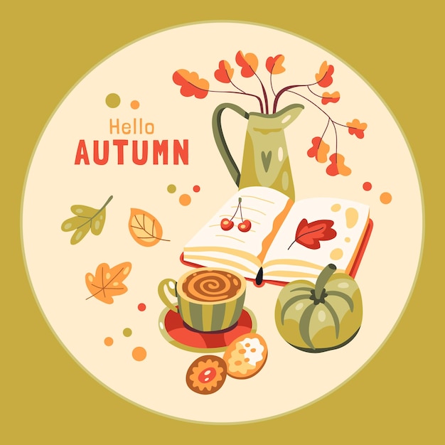 Illustrazione di autunno con i biscotti e le foglie della zucca del caffè del libro