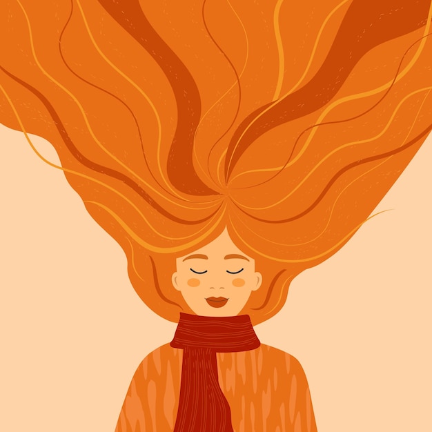 autumn illustration with a cute redhaired girl in a jumper with a red scarf vector design