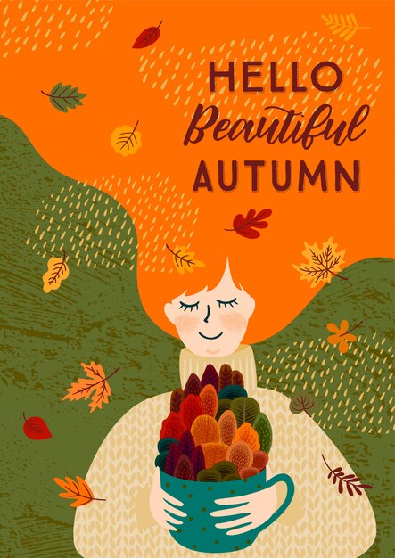 Vector autumn illustration with cute woman