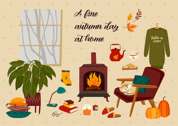 Autumn illustration with homely cute things