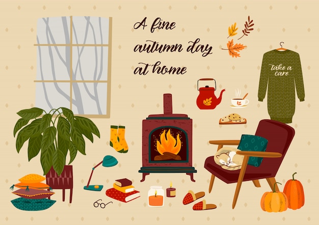 Illustrazione di autunno con cose carine casalinghe