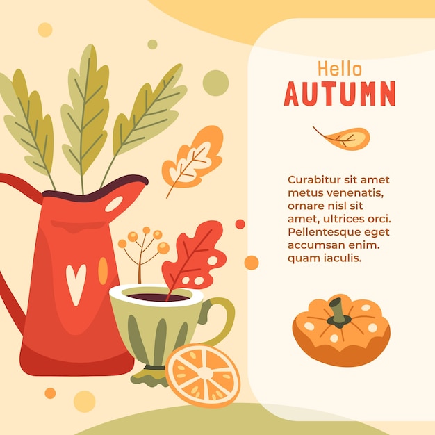 Осенняя иллюстрация с горячим напитком из красного кувшина тыквы и оставляет место для текста