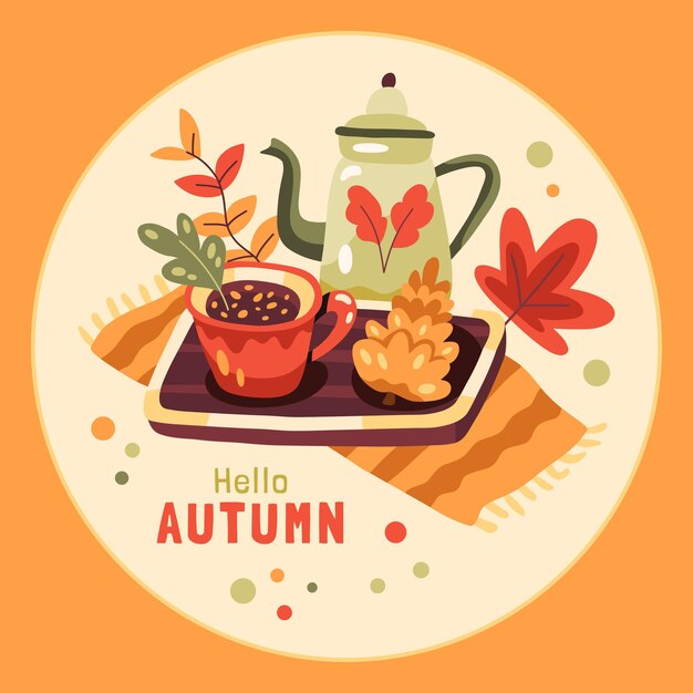 Vector autumn illustration with a hot drink teapot cone and leaves