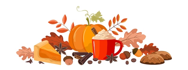 Vettore illustrazione autunnale con zucca e caffè. il bordo orizzontale inferiore.