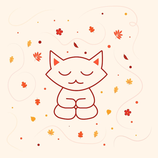 Autumn illustration with relaxed one line cat and wind with leaves around