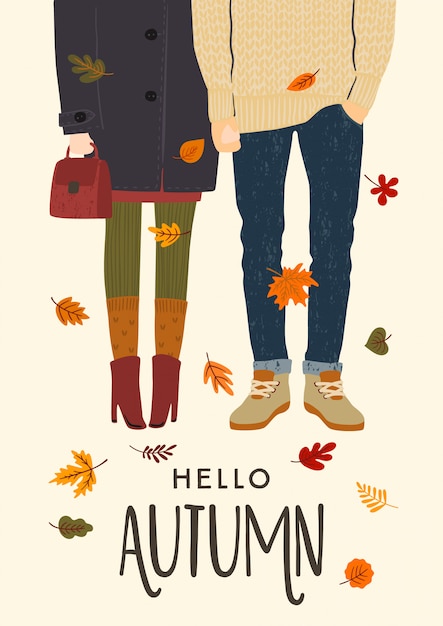 Autumn illustration with romantic couple