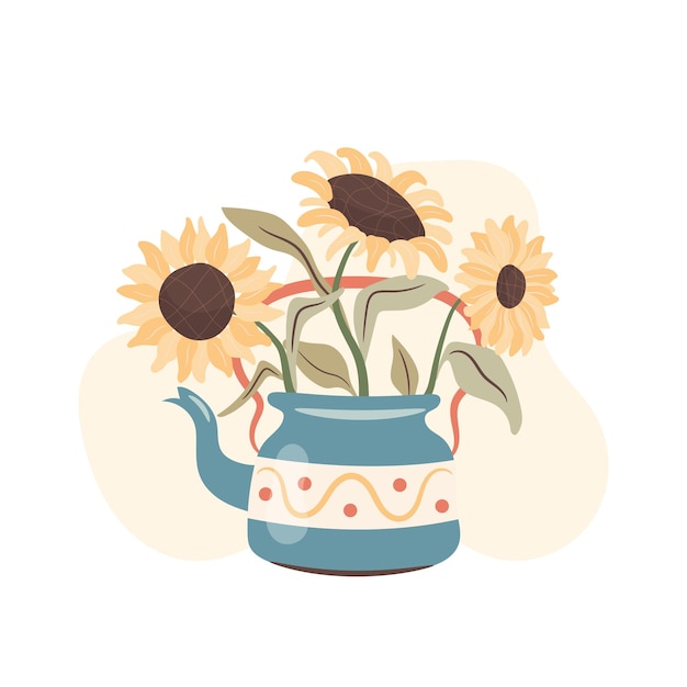 Autumn illustration with sunflowers in teapot Vector illustration