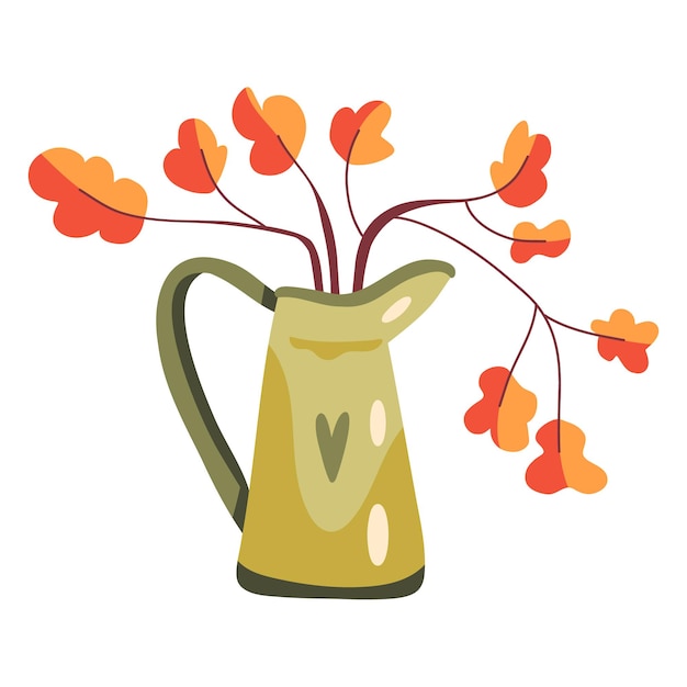 Autumn ilustration with vase with red and orange leaves