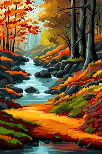ベクトル 森の公園の秋川の流れ山の背景に葉の色が落ちる水彩画