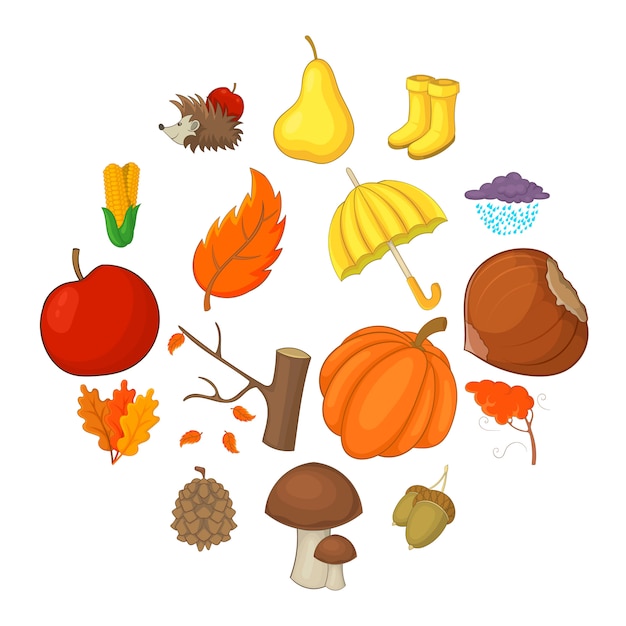 Autumn items icons set, cartoon style