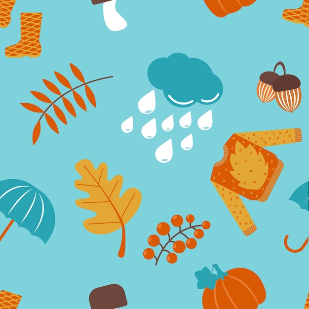 Autumn items seamless pattern sweater umbrella mushroom leaves rain drops and boots