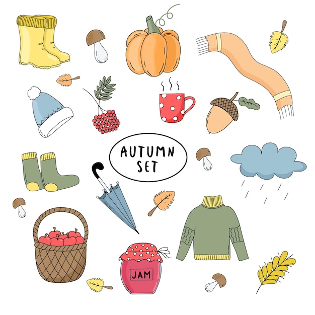 Autumn items set pumpkin rubber boots apple basket jam sweater socks hat acorn scarf