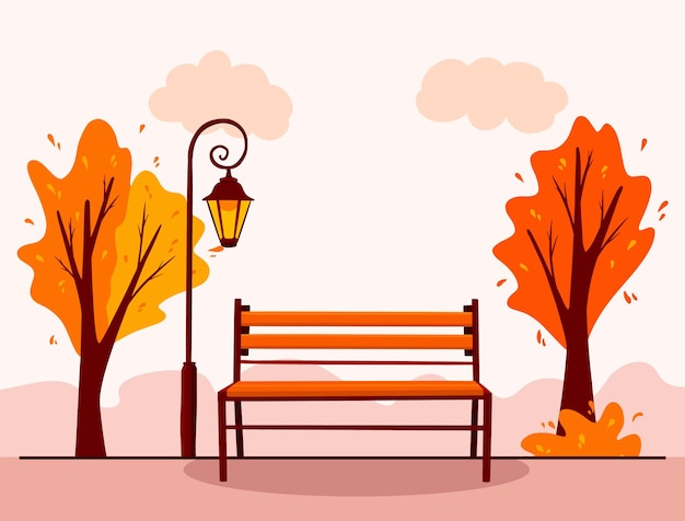 Vector autumn landscape. background. city park. park bench, lantern. cartoon style. vector illustration for design and decoration.